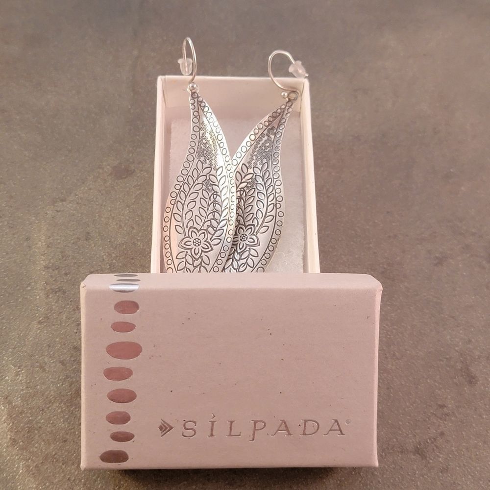 Silpada Sterling Stamped Etched Floral Freestyle Long Drop Earrings - Picture 5 of 8